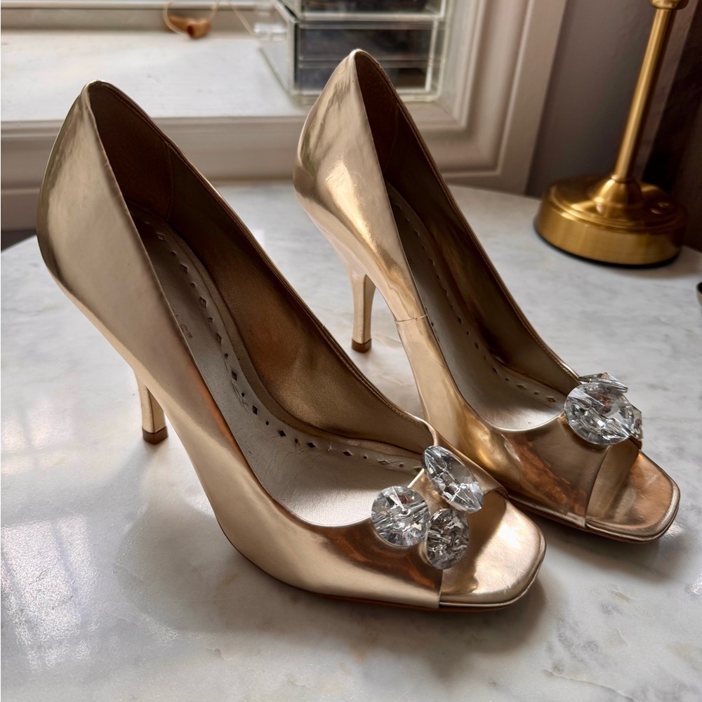 BCBG Silver Open-Toe Heels with Crystal Embellishment